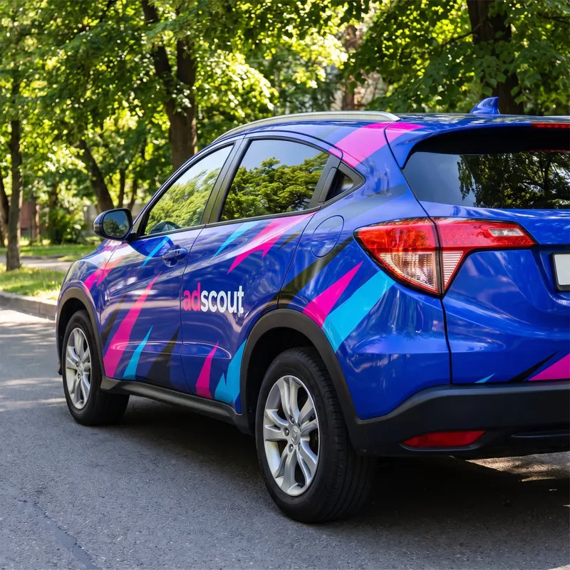 SUV azul adesivado com grafismos magenta e ciano e a marca adscout