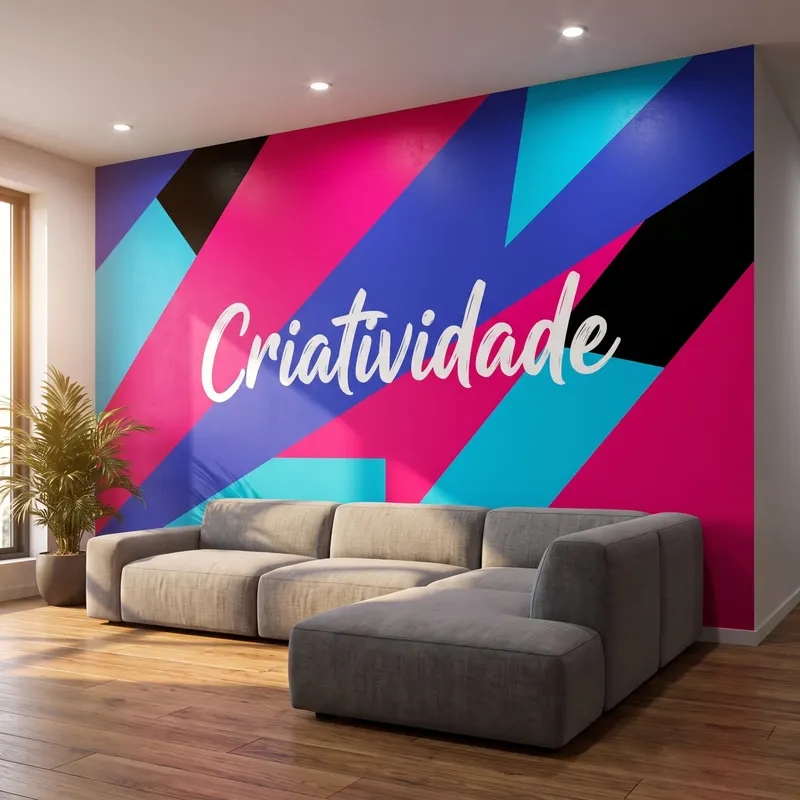 Parede de escritório com adesivo mural colorido escrito Criatividade