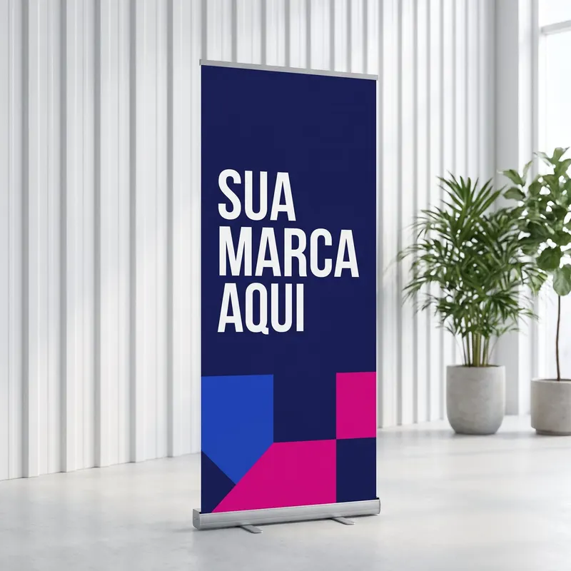 Banner roll-up azul e magenta escrito Sua marca aqui, num saguão claro