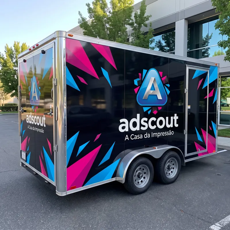 Carreta fechada envelopada em preto com grafismos e o logo adscout